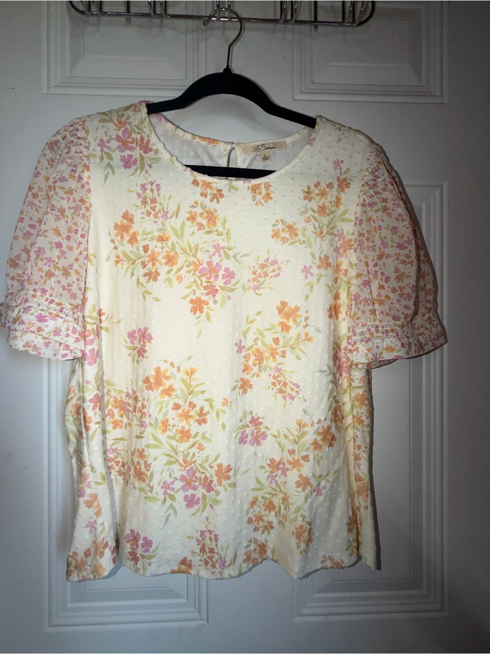 Women's Floral Puff Sleeve Blouse - Cream with Pink & Orange Flowers